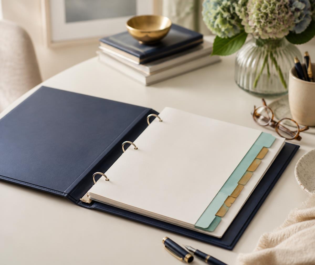 An organized navy school advocacy binder with teal and gold tab dividers on a warm ivory desk